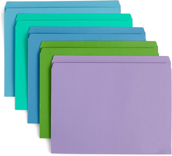 Blue Summit Supplies 100 Straight Cut File Folders, Ocean Tones, Letter Size, Assorted Blue, Green, and Purple Color File Folders, Single Tab, 100 Pack