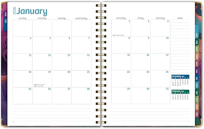 HARDCOVER 2026 Planner, 7"x9": 14 Months (November 2025 - December 2026), Daily Weekly Monthly Planner, Yearly Agenda, Bookmark, Pocket Folder and Sticky Note Set (Pastel Peacock)