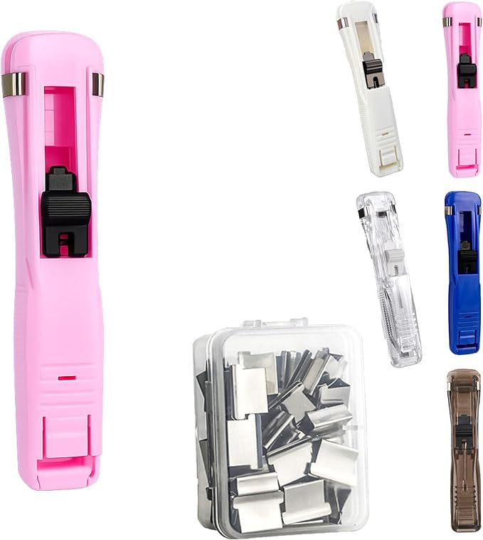 Portable Binder Clip Stapler with 100 Refill Clips,Handheld Paper Clamp Dispenser for Desktop/Document, No-Hole Binding, Home/School/Office Use (Pink,A)