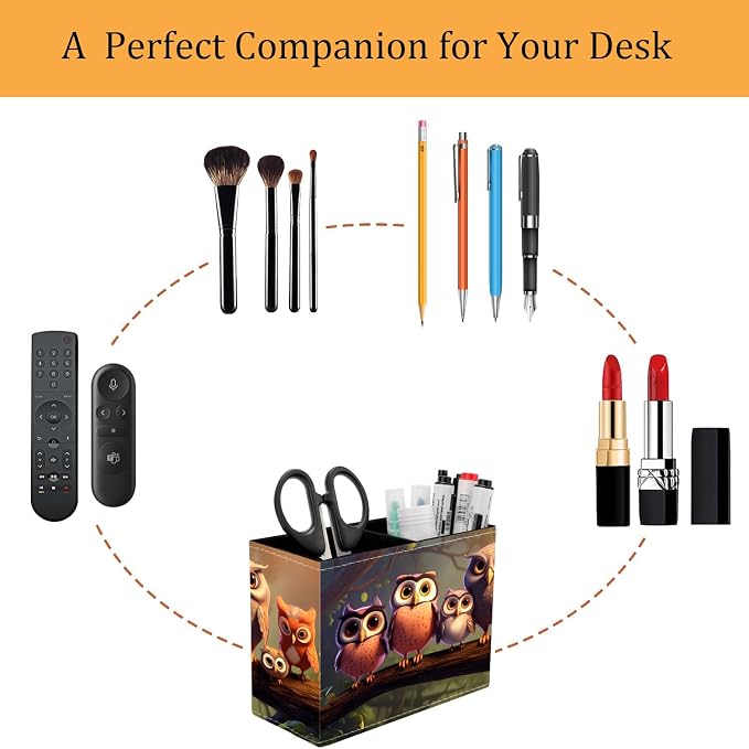 Pen Holder for Desk, PU Leather Multifunctional Desktop Storage Box and Anti-Slip Mouse Pad Set, Makeup Brush Holder Pen Organizer for Office and Home - Cute Owl