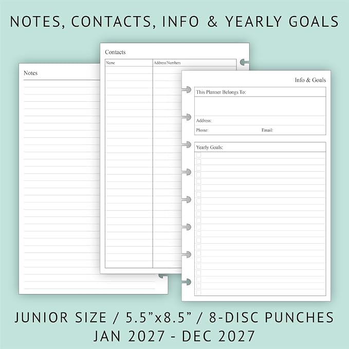 2027 Weekly & Monthly Planner Refill for 8-Discbound Planners, Two Pages Per Week, Junior Size, 5-1/2"x8-1/2"