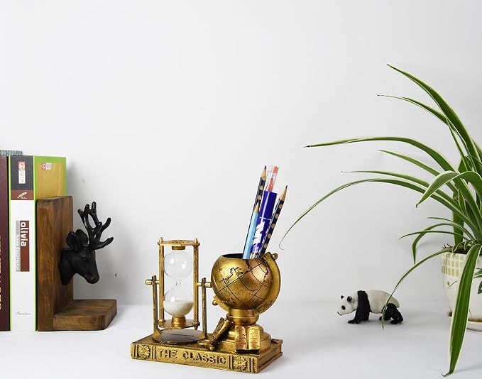 Owlgift Globe-Themed Pencil Holder with Hourglass, Resin Desktop Organizer for Office & Study, Pen Holder with Sand Timer, Classic Globe Addition Scissors Storage, Artistic Gift for Travel Lovers