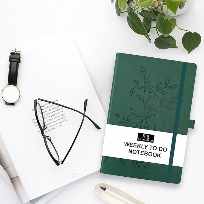 RICCO BELLO Undated Weekly Planner To Do Notebook | Faux Leather Hardcover, for Work, School, Home with Pen Holder, Bookmark, Band Closure, Storage Pocket, 5.7 x 8.4 Inches (Green Leaves)