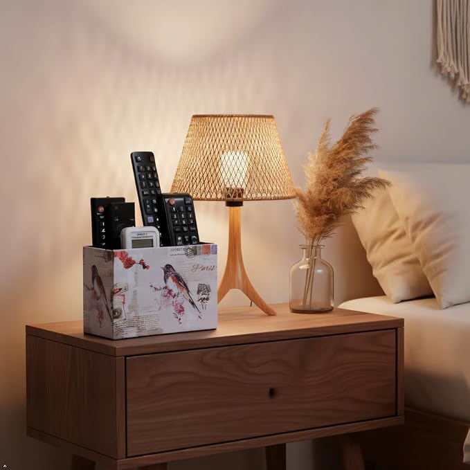 Decorative Remote Control Holder, Leather TV Remoter Caddy Storage Box Desktop Organizer Makeup Brush Pen Holder Storage Fits TV Remotes, Media Controllers, Office Supplies (Paris Bird Design)
