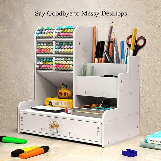 Hggzeg White Pen Organizer with Drawer, DIY Pencil Holder Desk Tidy Caddy Office Stationery Desktop Organiser for Home, Office and School (PB17 White)
