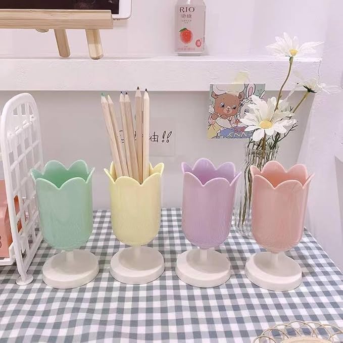 Tulip-Shaped Desk Organizer - Multifunctional Pen Cup with Cable Management for Office and School (Pink)