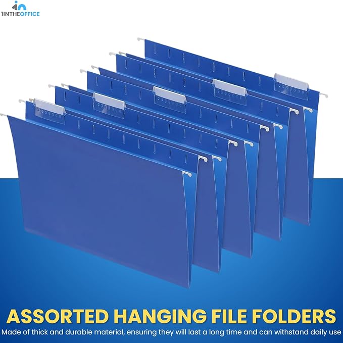 1InTheOffice Blue Hanging File Folders, Hanging File Folders with Tabs, Adjustable Tabs, Letter Size, 25 Pack