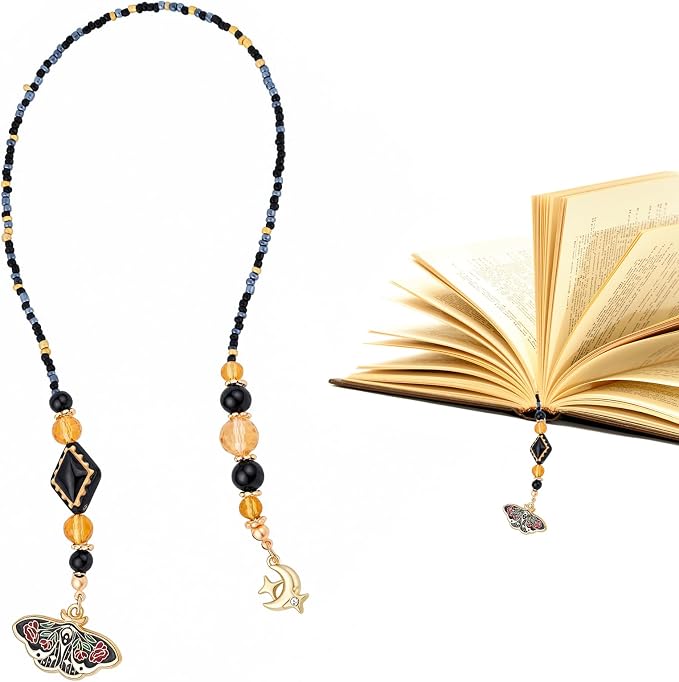 Vintage Moth Moon Beaded Bookmark - Gothic Fantasy Beads Book Mark for Women & Men, Unique Dark Academia Accessories Bookish Gifts for Booklovers Students Teachers