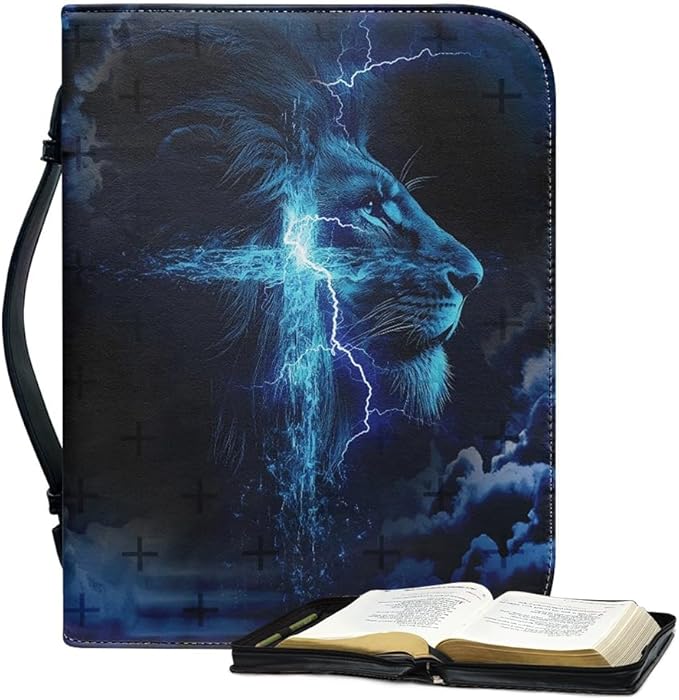 Bible Case with Handle and Zipper, Premium PU Leather Waterproof Bible Cover 11.2 x 8 x 2.2 Inches, Book Case for Standard Size Bibles with Pen Storage, Bible Accessories Gifts (Blue Lion)