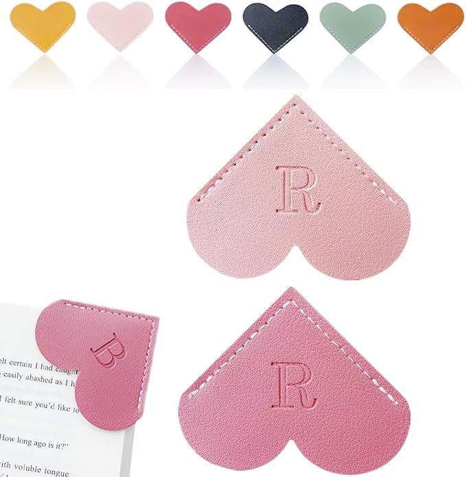 Personalized Leather Heart Bookmark, 26 Letters Customized Corner Book Mark for Reading Women, Book Marker with Initials，Cute Gifts (Light Pink+Deep Pink, R)