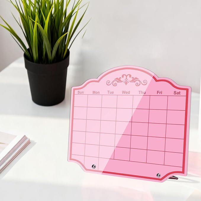 Calendar Dry Erase Board Acrylic Desk Whiteboard Weekly to Do List Memo Note Tabletop Monthly Planner with Stand Desktop Thickened Acrylic Pink 12" x 10" for Home Office School