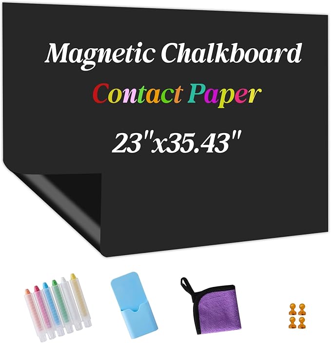 Magnetic Chalkboard Contact Paper Adhesive 23" x 35.43", Magnetic Chalkboards for Wall, Peel and Stick Wall Decal for Classroom Home Includes Dustless Chalks and Wiping Cloth