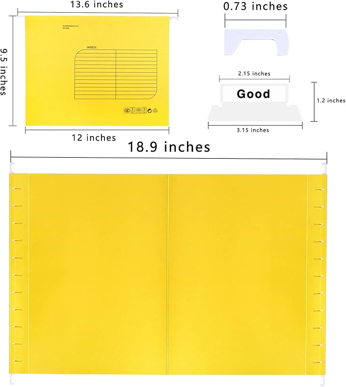 Hanging File Folder, A4 Suspension Files Holder, Hang Folder, Filing Cabinet Suspension File with Tab and Label for School Home Office, Yellow, 25 Pack