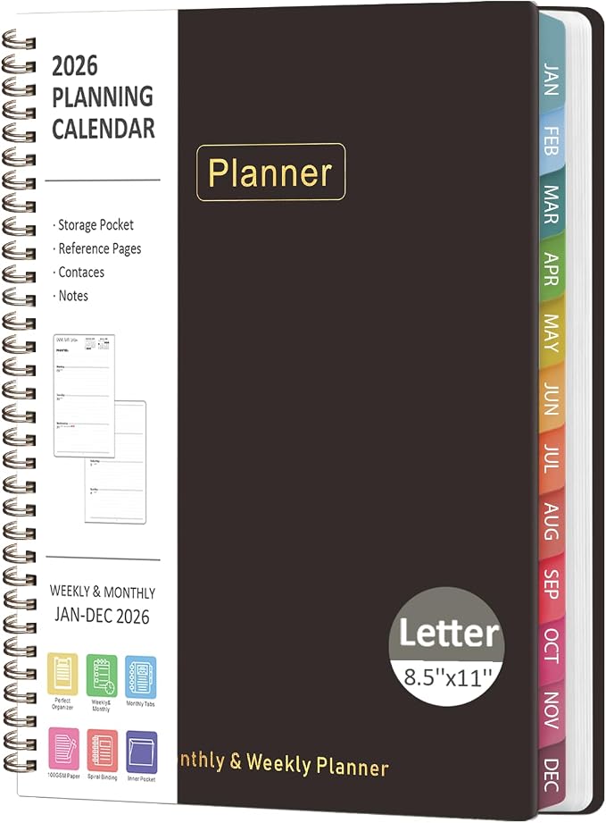 2026 Planner, 8.5" x 11" Weekly and Monthly Large Calendar Planner, Letter Size, Jan - Dec 2026, Hardcover Daily Agenda and Organizers for School Essentials & Office Supplies
