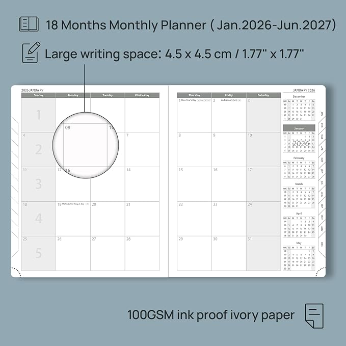 POPRUN Monthly Planner 2026-2027 (Large- 8.5" x 10.5" Soft Cover), 18-Month Calendar Book (Jan.2026 - Jun. 2027), Calendar Planner with Monthly Tabs & Pocket, 100 GSM Paper - Green