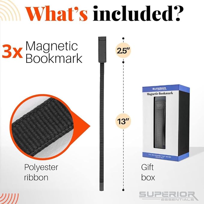 Superior Essentials Planner Magnetic Bookmark - Genuine Leather, Single Long Ribbon Bible Bookmark for Book Lovers - Amplify Your Love for Books with Our Elegant Ribbon Page Marker (3PC, Black)