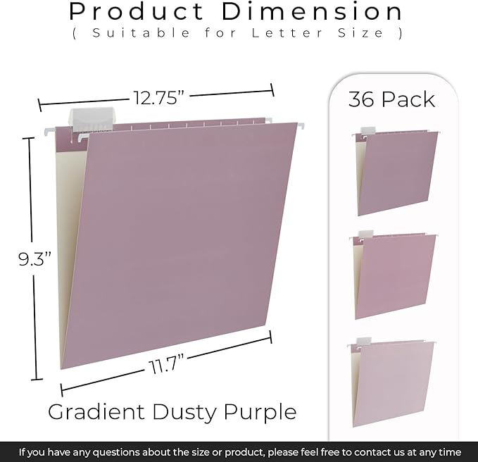 Y YOMA 36 Pack Gradient Hanging File Folders Letter Size Decorative Hanging Folder Pretty File Folder Organizer for Filing Cabinet Office Home with 1/5-Cut Adjustable Tabs, Dusty Violet