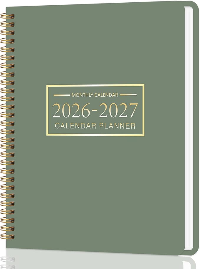 Monthly Planner 2026-2027, 2 year calendar 2026-2027 Calendar Book from Jan 2026 - Dec 2027 with Waterproof PVC Cover, 9'' x 11'', Organize Schedule for School, Office, Family,Army Green