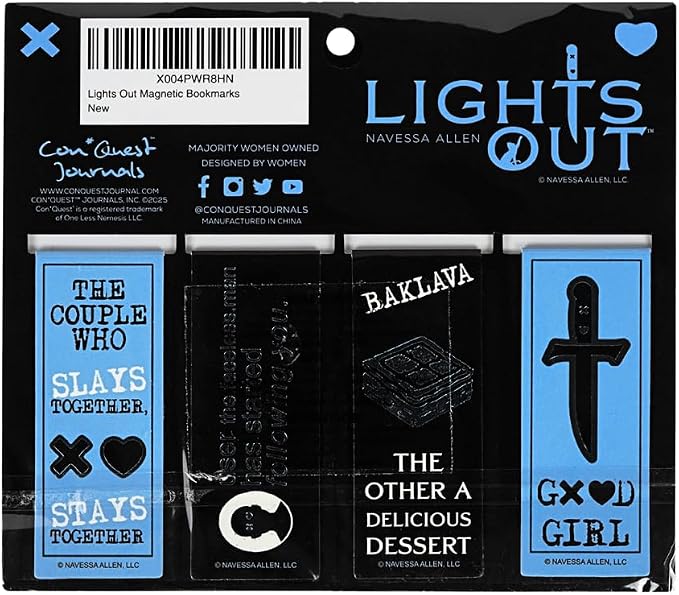 Conquest Journals Lights Out Magnetic Bookmarks, 4-Pack Book Markers, Bookish Page Clips with Magnets, Spicy Dark Romance Designs, Gifts for Readers, Officially Licensed Navessa Allen Collection