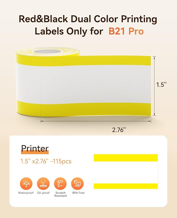 NIIMBOT Refill Label- 300DPI Red & Black Dual Color Sticker Paper Yellow Line (1.5"x2.76"/38x70mm) for School, Office, Retail, Baking & Safety Labels - Compatible with Pro Series Label Makers