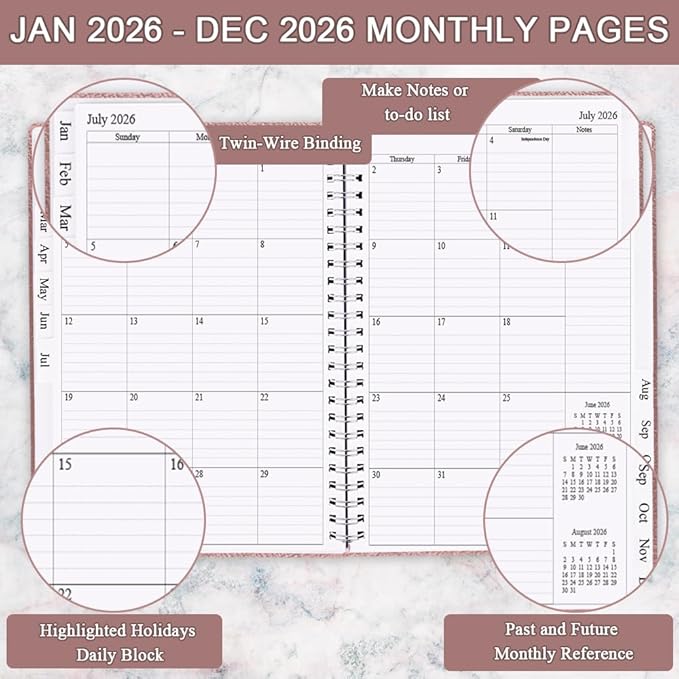 Planner 2026 - Weekly & Monthly Planner Runs from January 2026 to December 2026, 8.5 x 11", 12 Month Tabs, Inner Pocket, PU Leather Cover with Twin-Wire Binding, Monthly Planners 2026, Rose