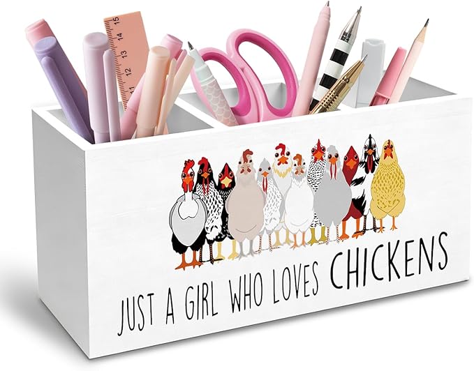 Just a Girl Who Loves Chickens Pen Holder for Desk, Chicken Lover Mom Lady Gifts Pencil Organizer, Funny Farm Rooster Hen Wooden Box Sign Desk Decor for Home Office Decoration