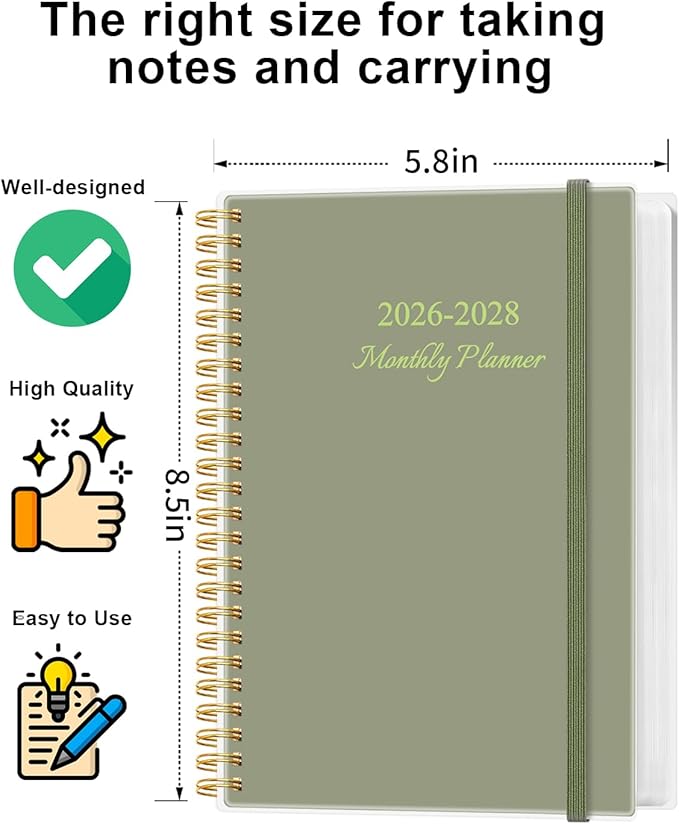 2026-2028 Monthly Planner, 3 Years Calendar from April 2026 - December 2028 with Spiral Binding, Inner Pocket, Elastic Closure, 33 Month Planner for Home | School | Office, 5.8" x 8.5", Green