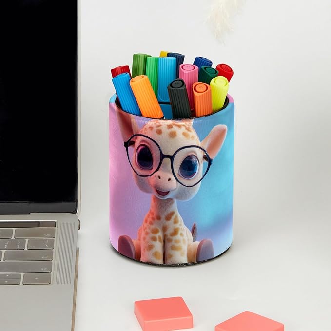 Leather Pen Holder for Desk, Cartoon Giraffe Makeup Brushes Holder Pencil Cup Multifunctional Desktop Organizer Caddy for Home School Office Desk Accessories