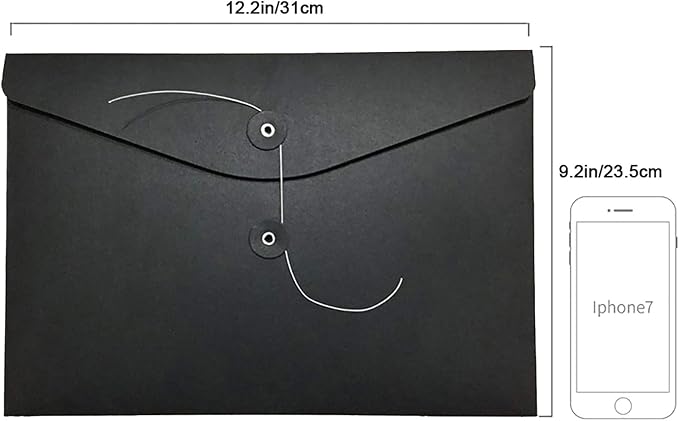 VANRA Kraft String Envelope File Folder Project Pockets File Jacket Document Organizer Flat-No Expansion A4 Letter Size (Black, Pack of 5)