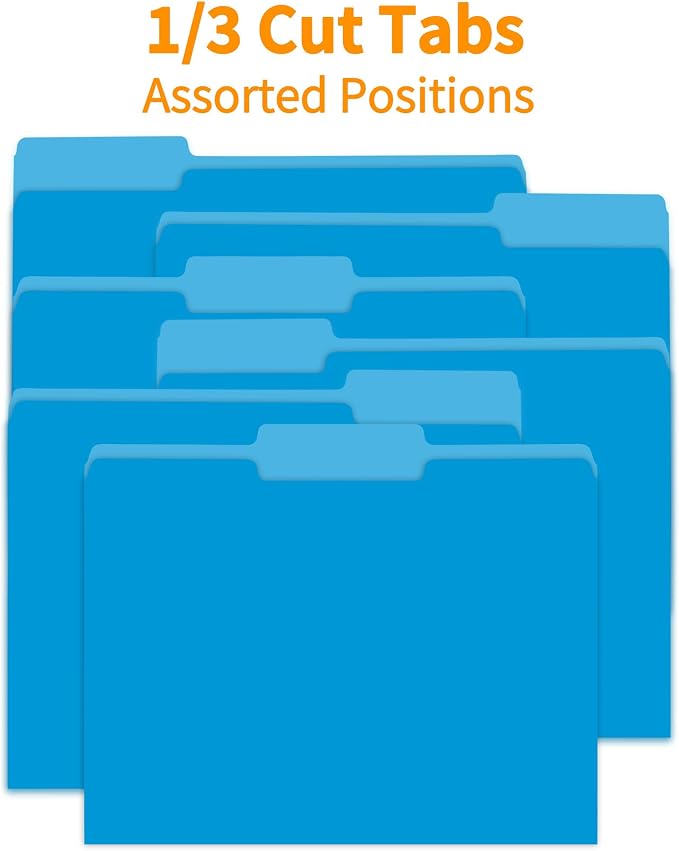 VZCPYTPM 150 Pack Blue File Folders,Letter Size (8.5x11 in),1/3-Cut Tabs in Assorted Positions,Cardstock Paper Folders for Office,School & Home Filing Cabinet Organization, Bulk Document Folders