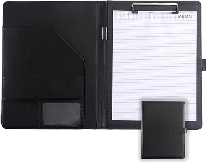 Faux Leather Portfolio with Clipboard – A4/Letter Size Legal Pad Holder, Resume Organizer and Writing Folder, Professional Business Conference Office Padfolio(Black)