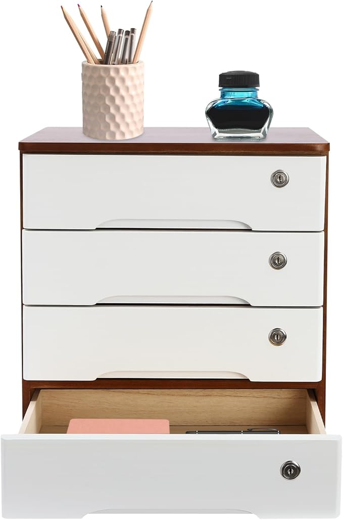 Lockable Desk Organizer Wooden Desktop Drawers Office Flat Files Storage Box Locking Countertop Storage Cabinet (Walnut + White, 4-Tier)