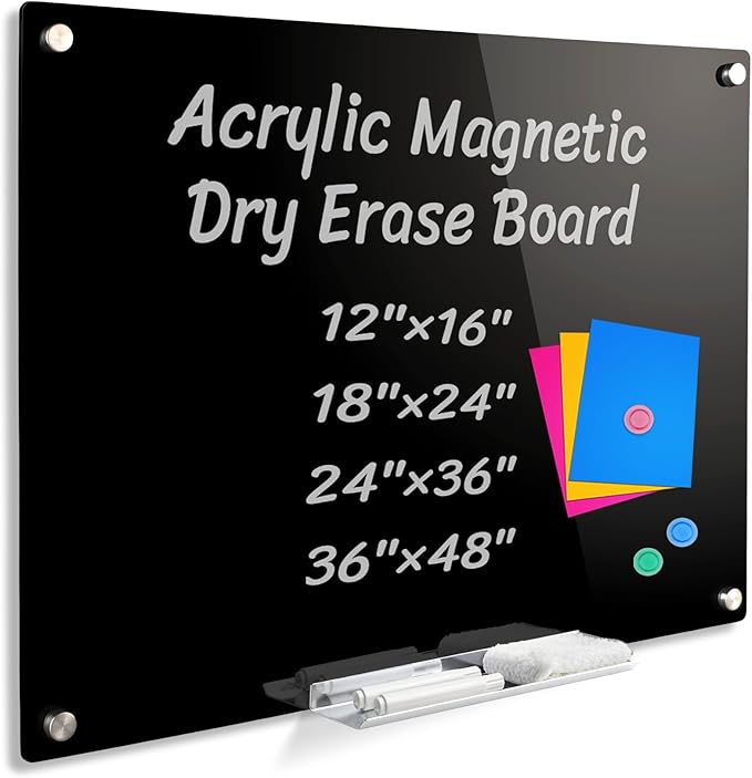 Acrylic Black Magnetic Dry Erase Board for Wall, White Board 18”x24”,Frameless Magnetic Dry Erase Board for Office,Classroom and Home/for Kids,Students,Adults
