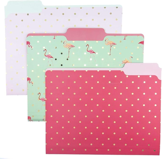 Graphique Flamingo Pink File Folder Set – File Set Includes 9 Folders and 3 Unique Flamingo and Polka Dot Designs, Embellished w/ Gold Foil on Durable Triple-Scored Coated Cardstock, 11.75" x 9.5"