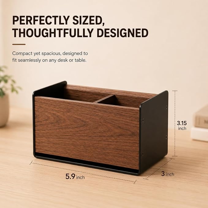 Walnut Desk Organizer with 2 Compartments, Modern Multi-Purpose Storage Box for Office Supplies, Makeup Brushes, Remote Controls & Desk Accessories(2 Slot)