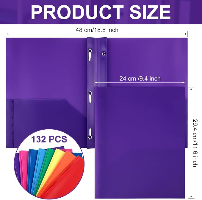 Cholemy 132 Packs Pocket Folders with Prongs Heavy Duty Plastic Folder with Business Card Slot 3 Prong Fasteners for School Office (Cute)