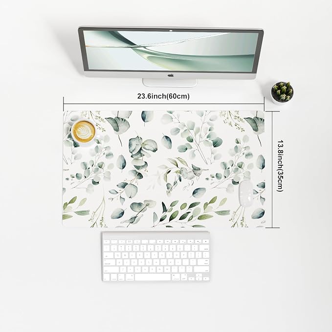 Colorful Star Large Mouse Pad, PU Leather Waterproof Desk Mat, Computer Gaming Mouse Pad, XXL Full Table Mousepad Non Slip Desk Pad for School Office Home 23.6" x 13.8" - Fresh Eucalyptus Leaves