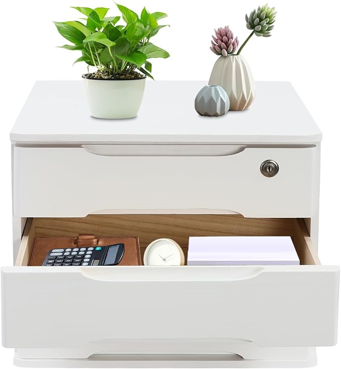3-Tier Desk Organizer with Lockable Drawers,1 Locks & 2 Keys, Wooden Desktop Storage Box, Categorized Storage Desktop File Cabinet(White)