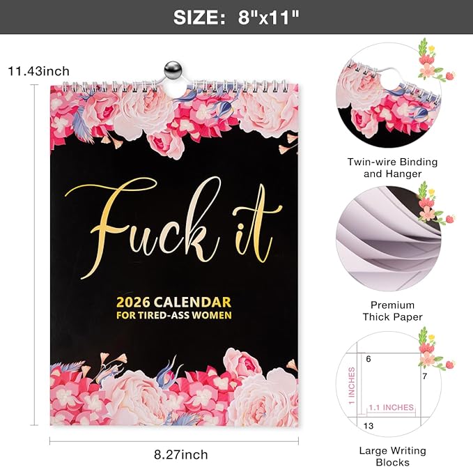 Fu-ck It 2026 Calendar for Tired Women, 2026 Fu-ck It Wall Calendar for Tired Women, Humor Hanging Month Calendar,Hanging Calendar for Home Office,Funny Swear Word Monthly Calendar Gag Gift Woman (C)