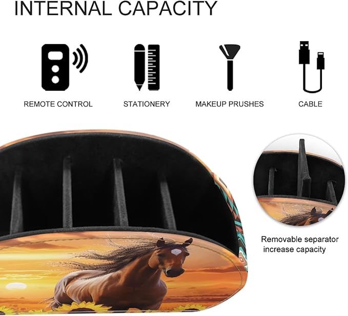 FUSURIRE Remote Control Holder, Sunset Horse PU Leather Organizer Box with 5 Compartments for Home Office Supplies, Remote Caddy Desktop Storage for Controllers, Media Player, Makeup Brush, Pen