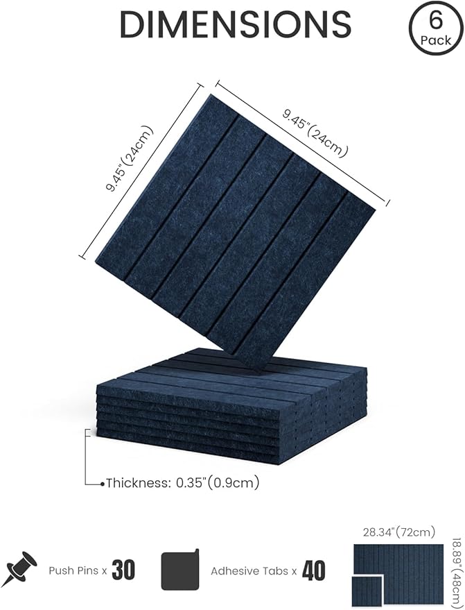 Fluxynara Felt Bulletin Board Tiles -28"x18" with 40 Adhesive Tabs, Cork Board Alternative for Office Decor, Push Pin Board Wall Organizer 6-Pack (Carbon Blue)