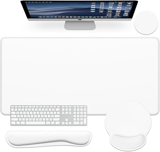 Dapesuom Large Gaming Mouse Pad, White Mouse Pads with Wrist Rest Wrist Support, 4in1 Big XXL Desk Mat Desk Pad + Ergonomic Mousepad + Memory Foam Keyboard Mat Wrist Rest + Coaster Set for Computer