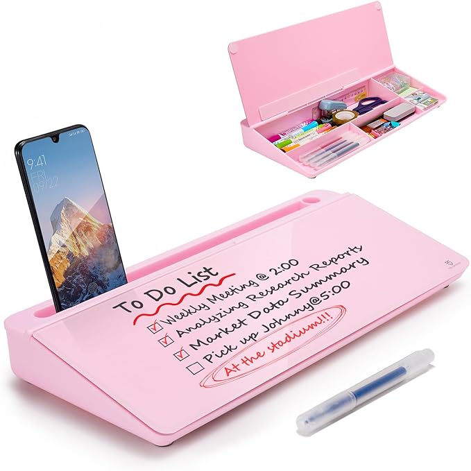 TSJ OFFICE Desktop Whiteboard Dry-Erase-Board - Computer Keyboard Stand White Board Surface Pad with Drawer, Desk Organizers with Accessories for Office, Home, School Supplies - Complete Pink