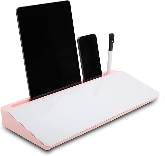 GAROOD Desktop Dry Erase Board with Storage (Pink Base) Desk White Board Desk Board Glass Desktop White Board with Stand Home Office Organizer Phone Holder 15.8X7X2 inches