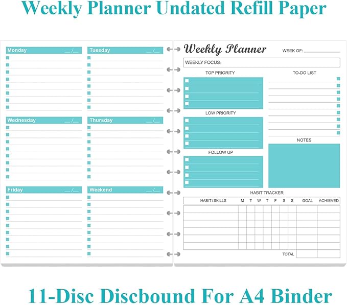 Weekly Planner Undated Refills - Letter Size 53 Sheets/106 Pages Weekly Planner for 11-Disc Discbound, TUL, 100 gsm White Paper, Lasts 1 Year, Undated, 8.5" x 11", Teal