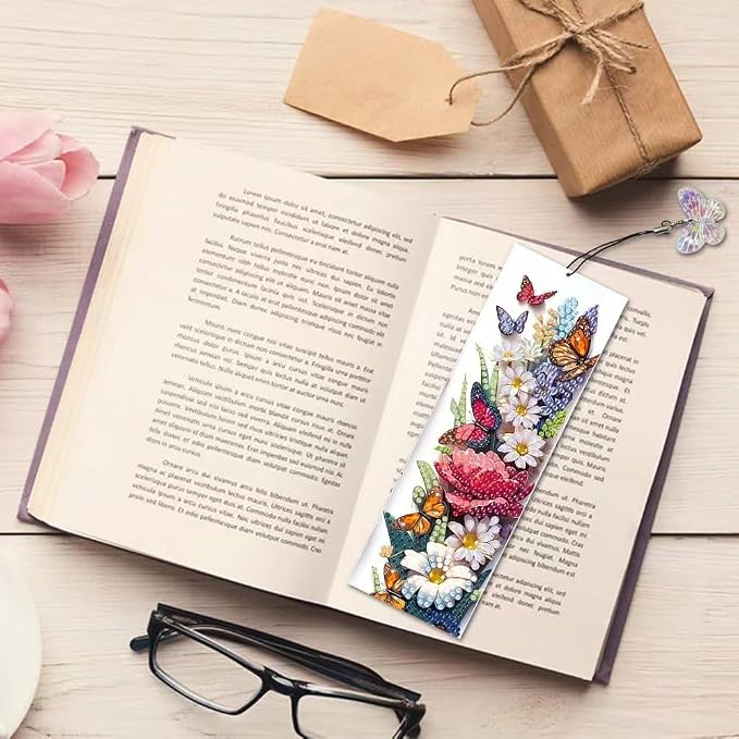 8 Pcs 5D Diamond Art Bookmarks for Reading Lovers, Handmade DIY Diamond Painting Book Marks with Tassels for (Flower)