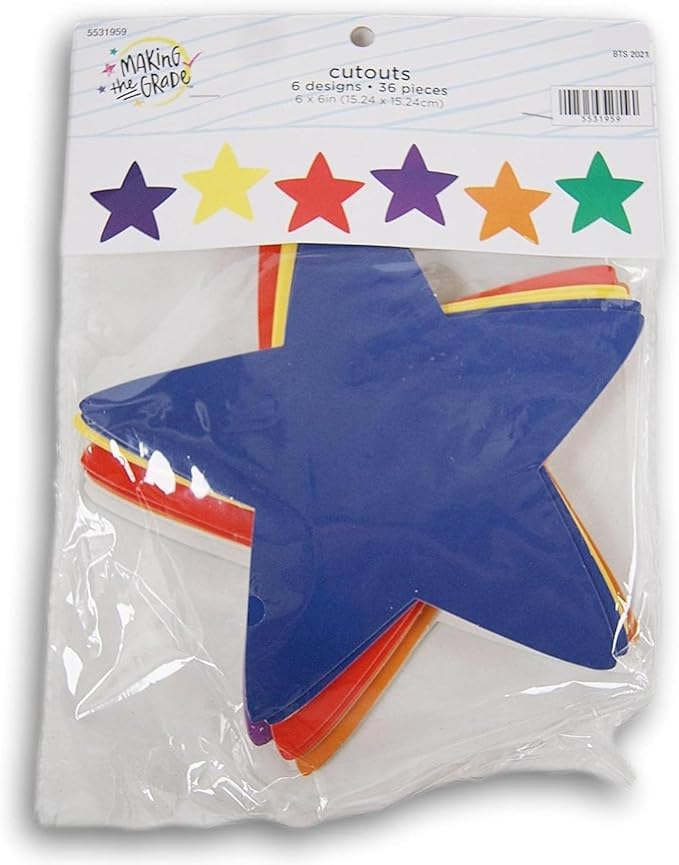 Star Cutouts Bulletin Board Cardstock Shape Accents - Red, Blue, Yellow, Green, Purple, Orange - 36 Pieces - 6 x 6 Inches