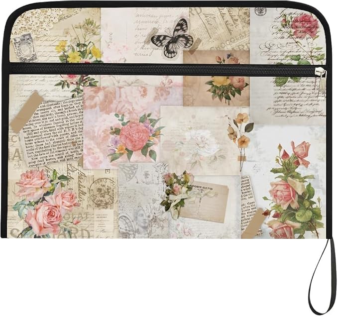 WEBEEDY Vintage Flower Expanding File Folder with 13 Pockets, Labels and Zipper, Retro Poster Collage Prints Accordion File Organizer Portable Document Organiser for A4 Paper Receipt Paperwork Office