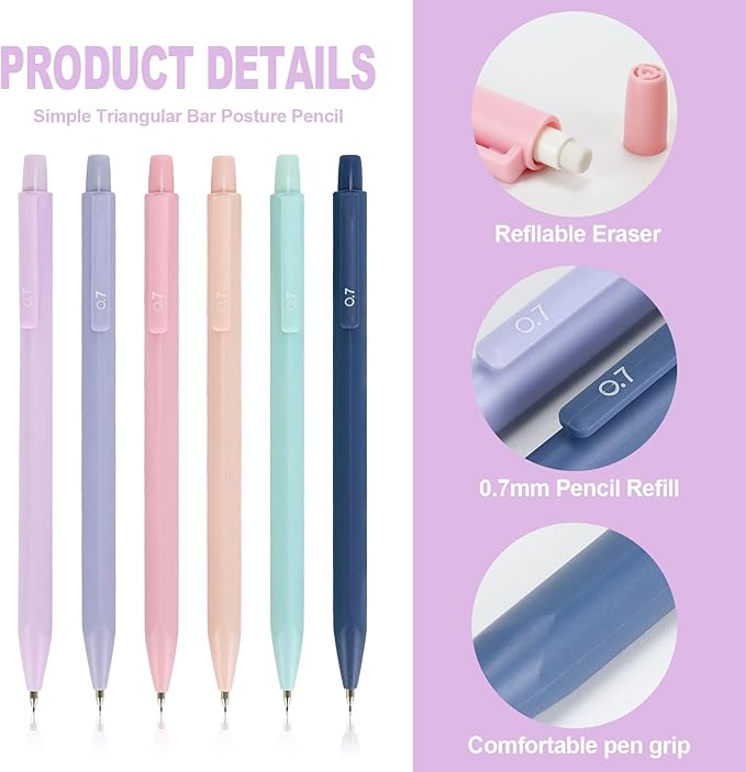 Buqoo Mechanical Pencil Set, 6PCS 0.7mm Cute Pastel Mechanical Pencils, 2Push-Pull Retractable Eraser with 80PCS HB 0.7 Lead Refill and Zipper Bag Pencil Kit for Art, Drawing Pencils for Sketching