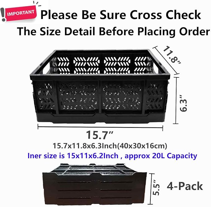 4-Pack Plastic Storage Crates,20L Foldable Baskets,Collapsible Crates, Storage Baskets and Bins for Toys, Home Storage, Office Products, Gifts(Black)